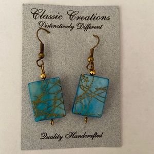 Beautiful gold veined Turquoise toned hanging rectangle pierced earrings
